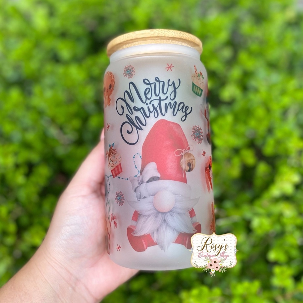 Merry Christmas Gnome Santa 16oz Glass Cup